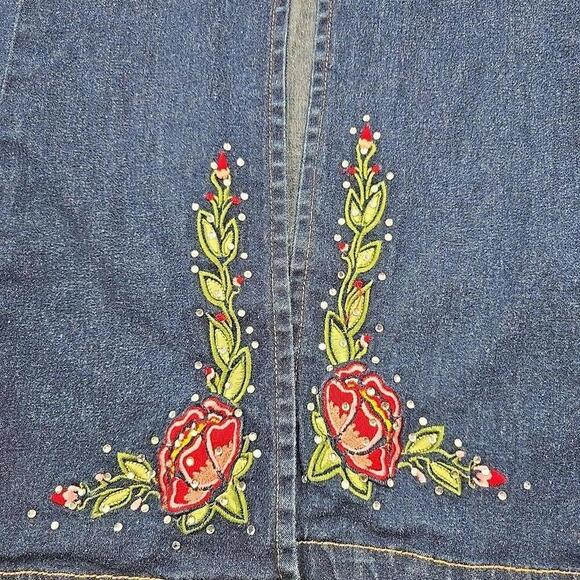 Suzanne Somers Collection Embroidered Floral Rhinestone Jean Jacket Size M - Picture 10 of 12